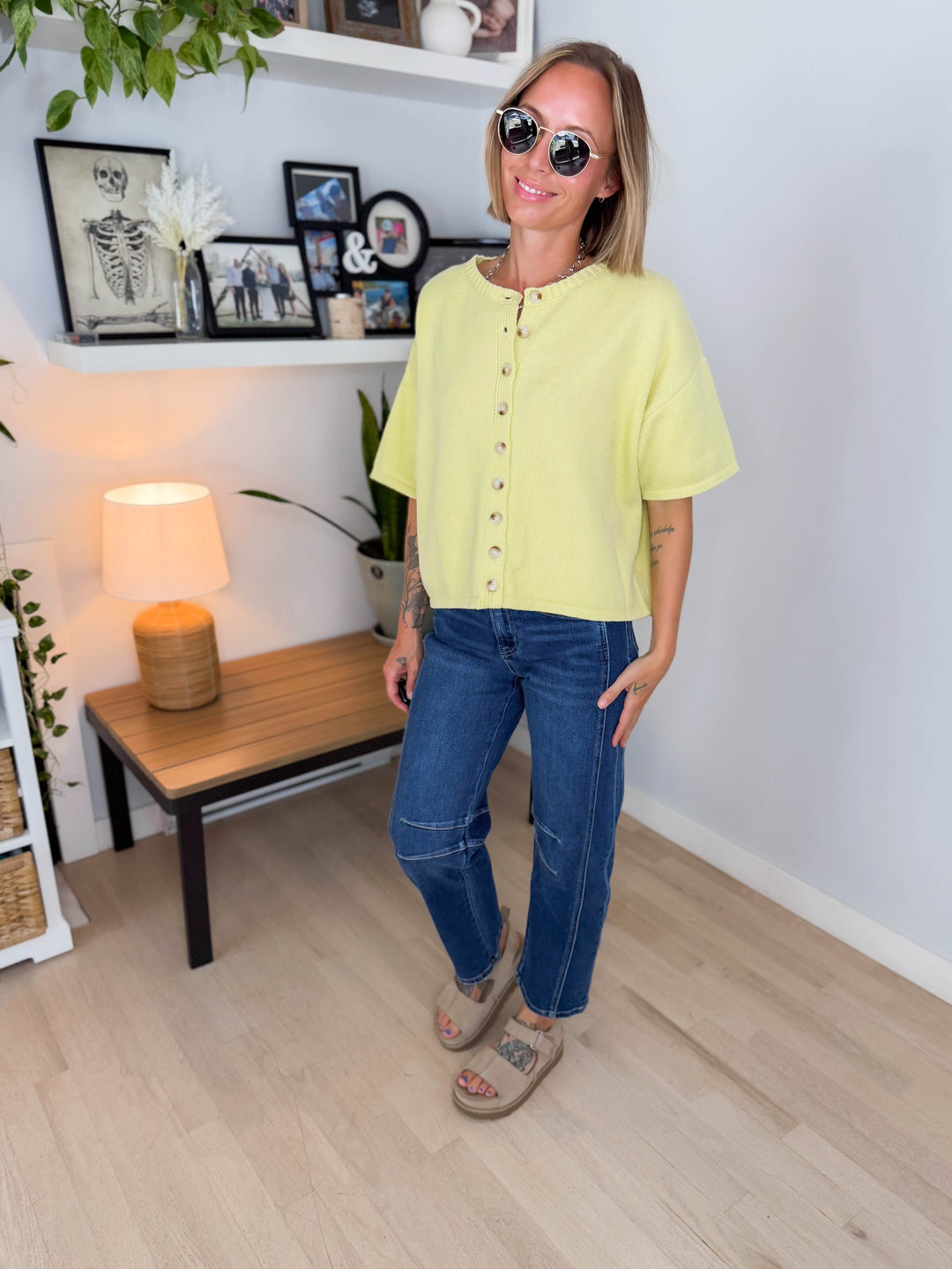 Bette Button Up Sweater Top- LEMON