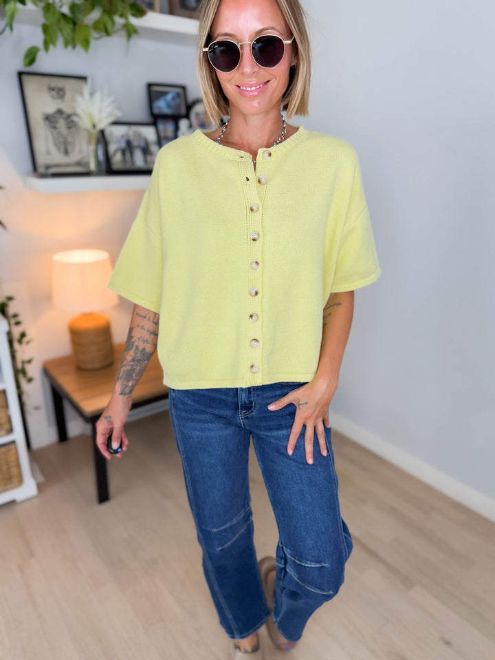 Bette Button Up Sweater Top- LEMON