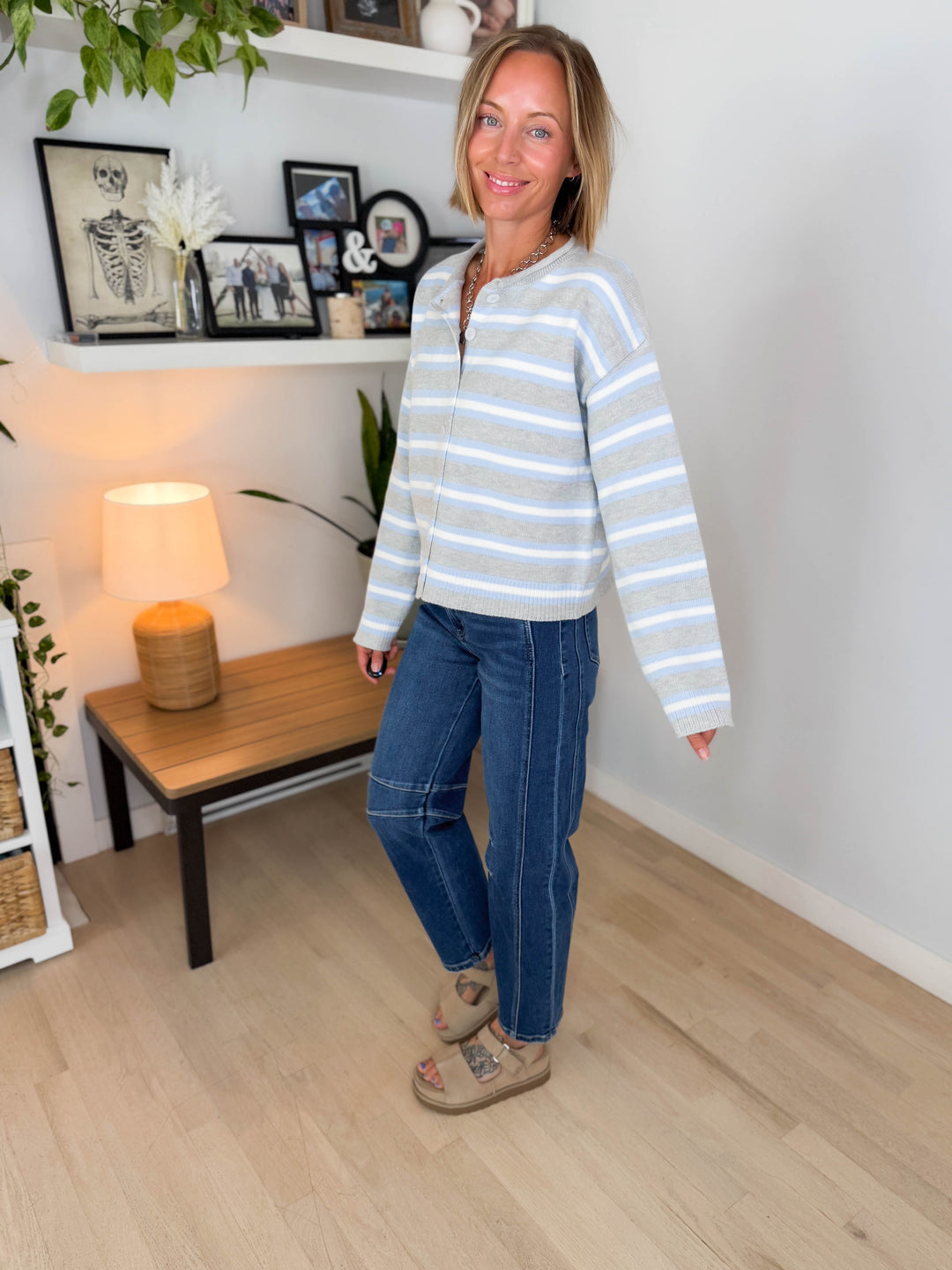 Maggie Striped Button Up Long Sleeve Sweater- HEATHER GREY COMBO