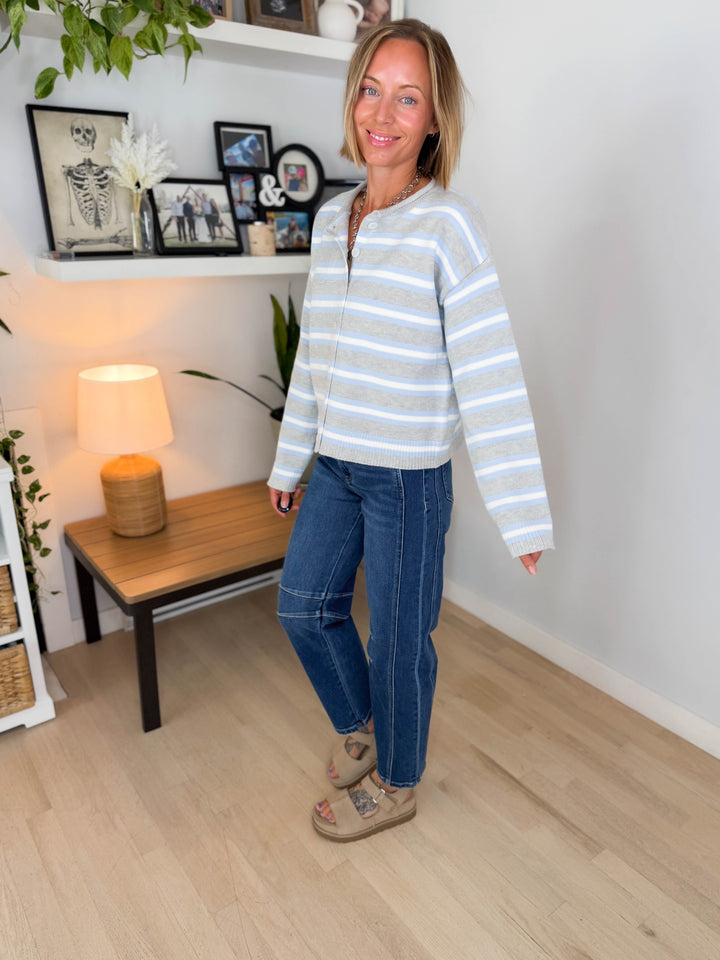 Maggie Striped Button Up Long Sleeve Sweater- HEATHER GREY COMBO