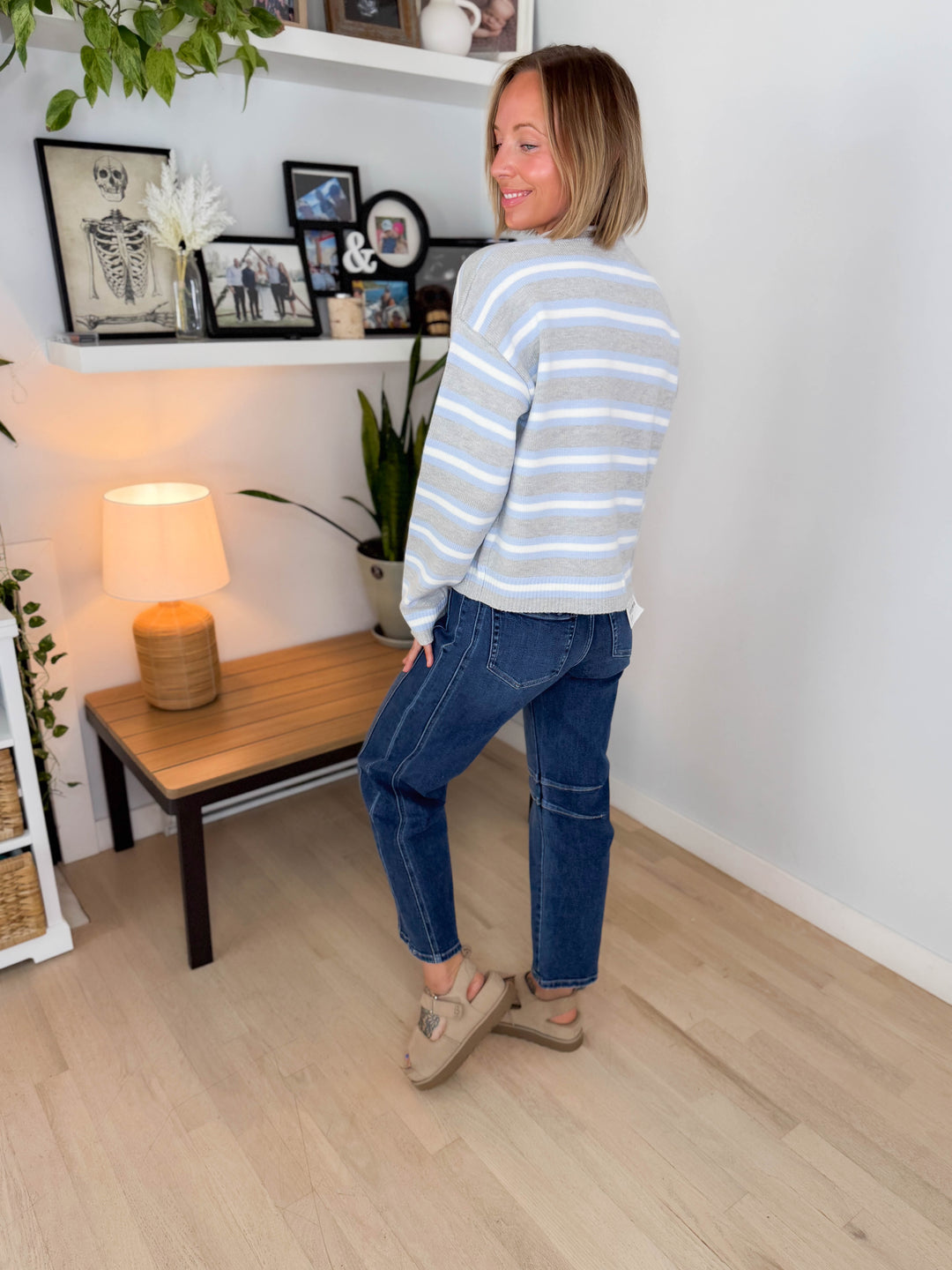 Maggie Striped Button Up Long Sleeve Sweater- HEATHER GREY COMBO