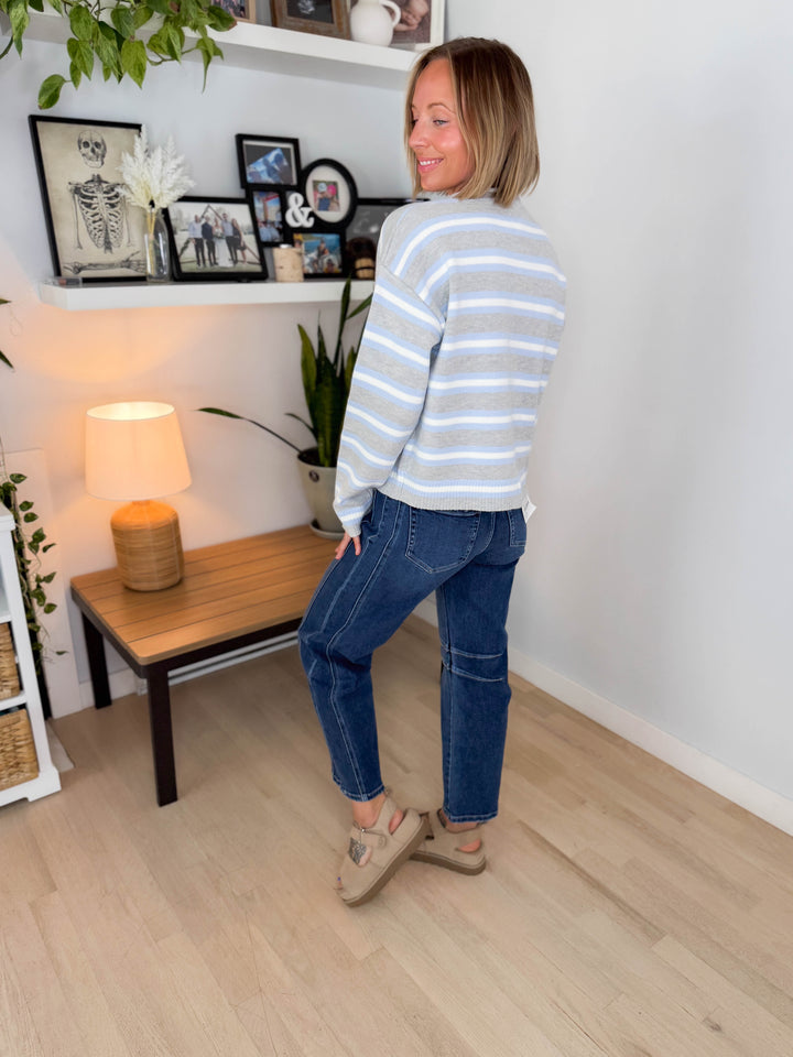 Maggie Striped Button Up Long Sleeve Sweater- HEATHER GREY COMBO