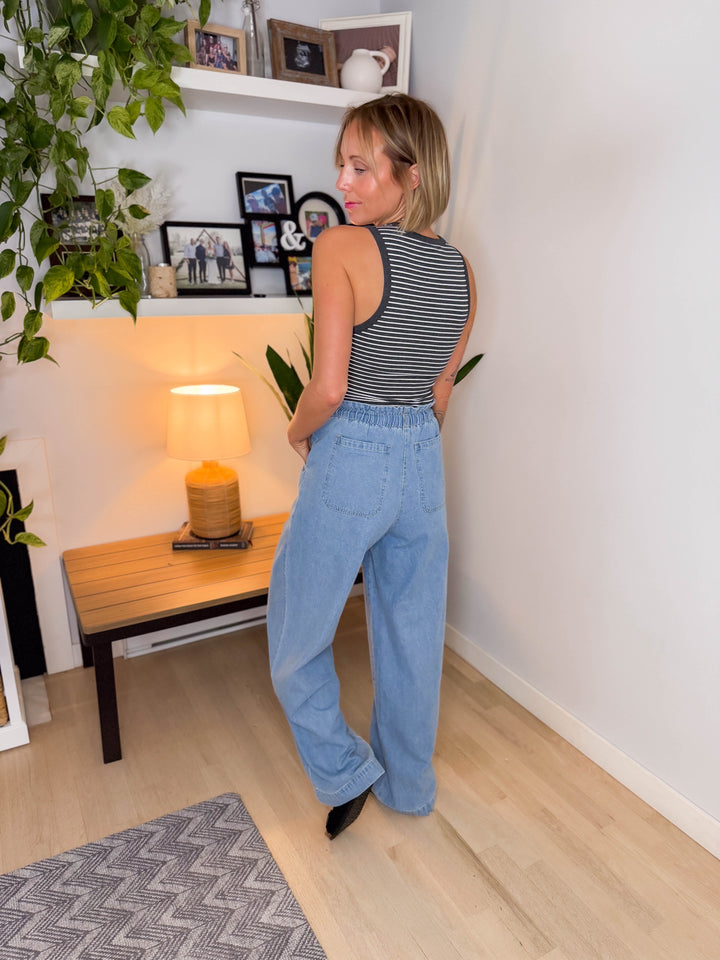 Kenna Round Neck Sleeveless Striped Bodysuit- CHARCOAL/WHITE STRIPE-FINAL SALE
