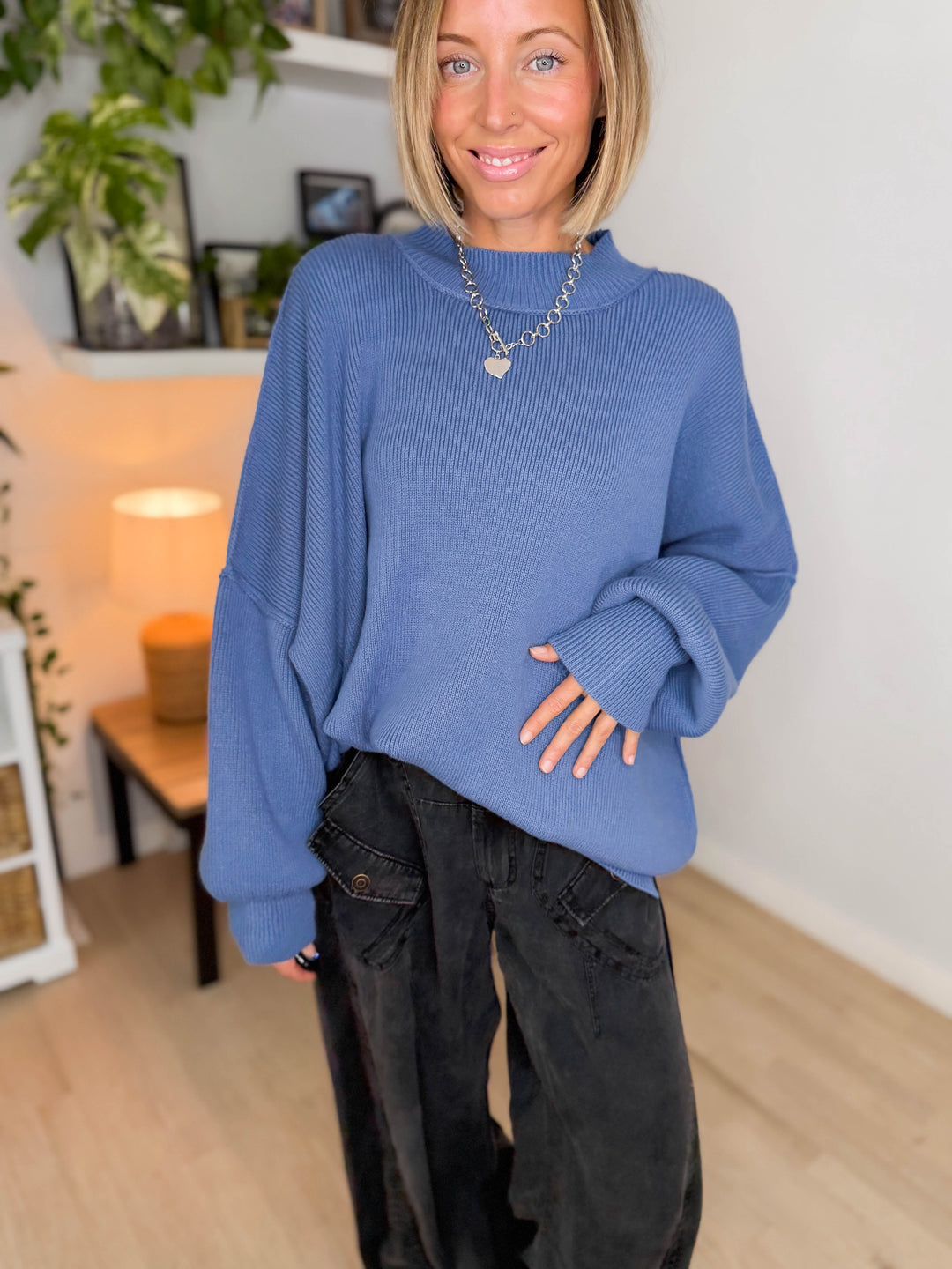 Frosted Pines Oversized Side Slit Sweater- DUSTY BLUE