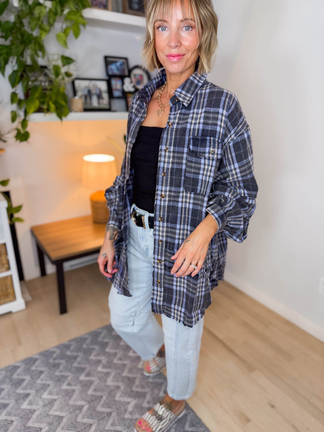 Fenton Oversized Plaid Button Shacket- NAVY