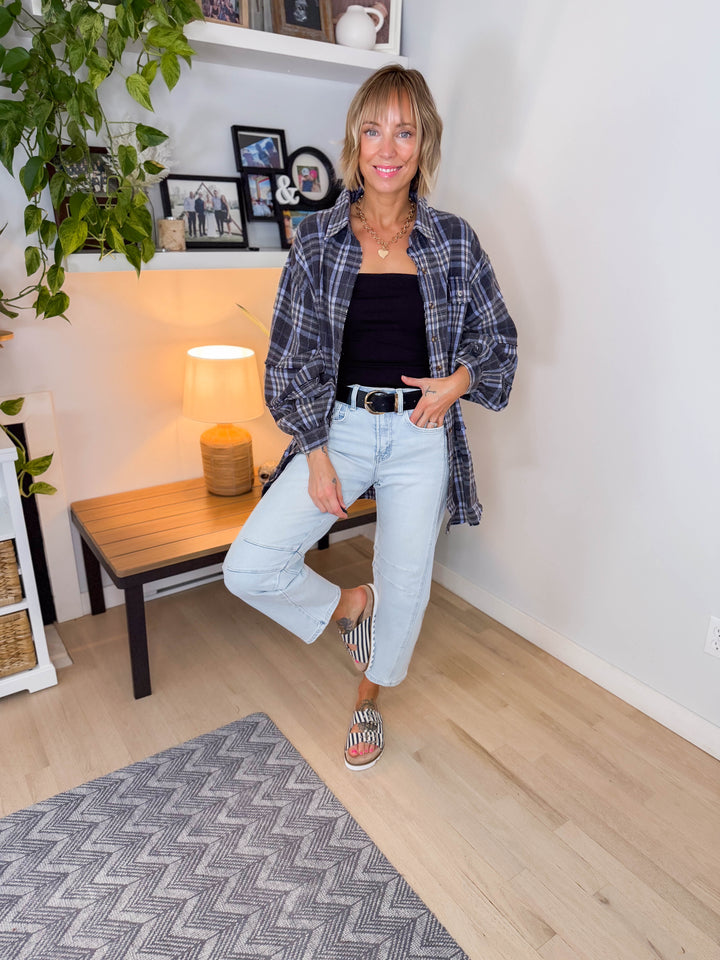 Fenton Oversized Plaid Button Shacket- NAVY