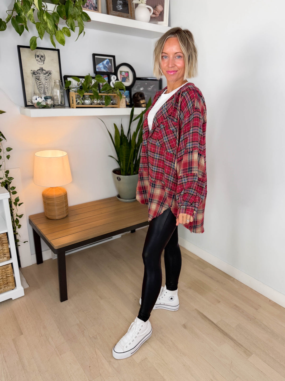 Frances Long Sleeve Plaid Mineral Wash Jacket- BERRY RED