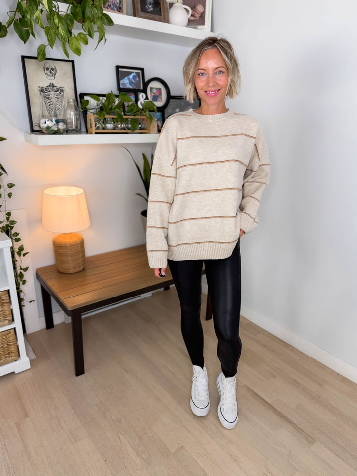 Ashe Stripe Knit Sweater- TAUPE MULTI