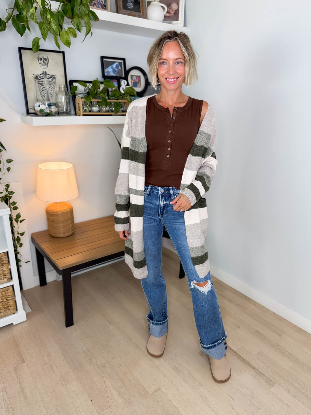 Danny Long Stripe Cardigan- OLIVE MULTI
