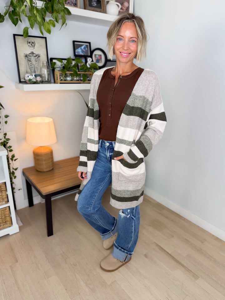 Danny Long Stripe Cardigan- OLIVE MULTI
