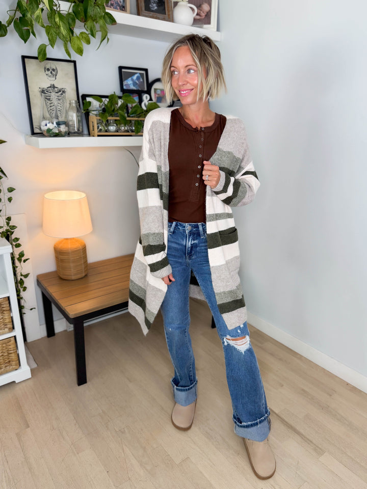 Danny Long Stripe Cardigan- OLIVE MULTI
