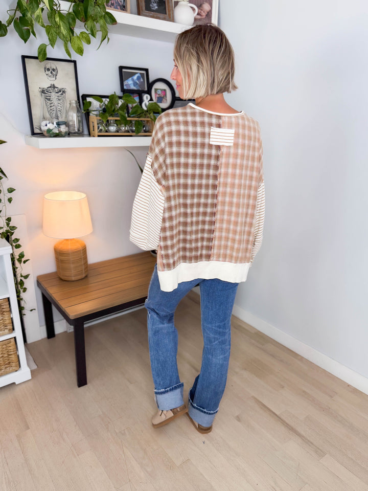Sorrenta Oversized Plaid Mix Pullover- LATTE