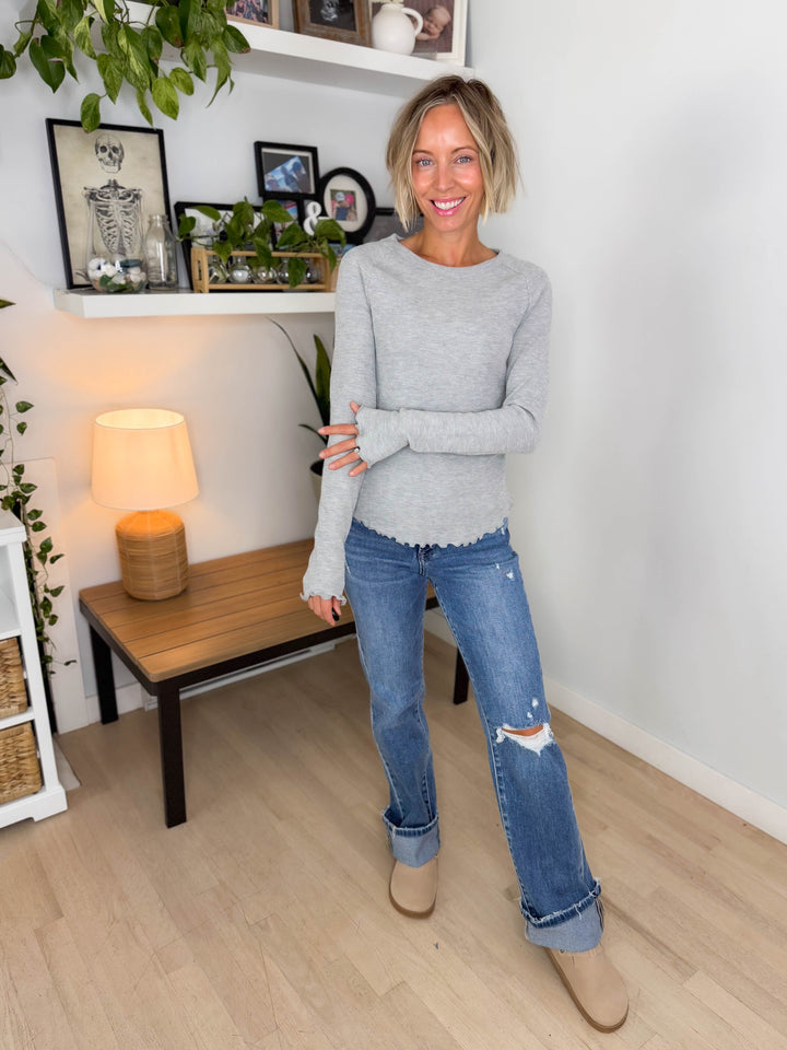 Harrison Thermal Knit Lettuce Edge Long Sleeve- HEATHER GREY