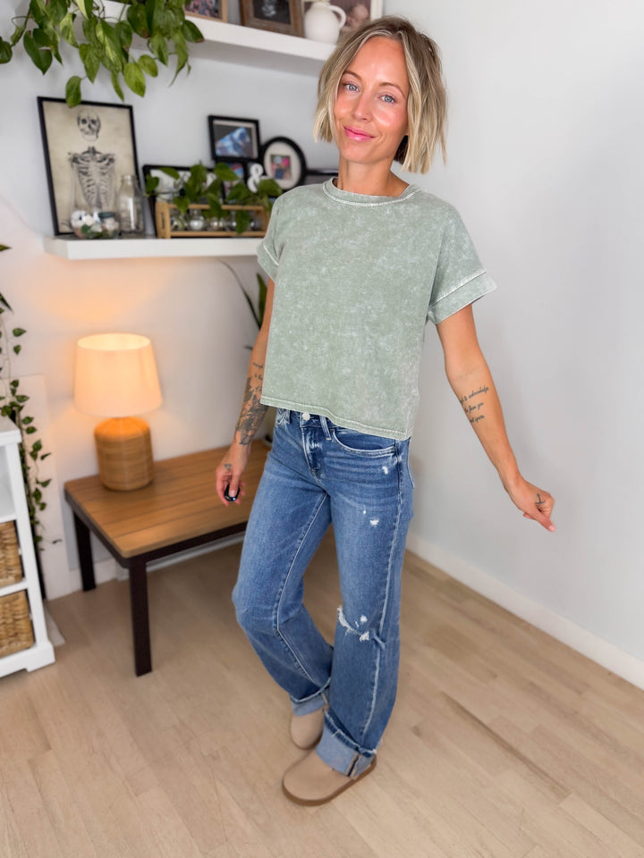 Russet Boxy Washed Tee- OLIVE