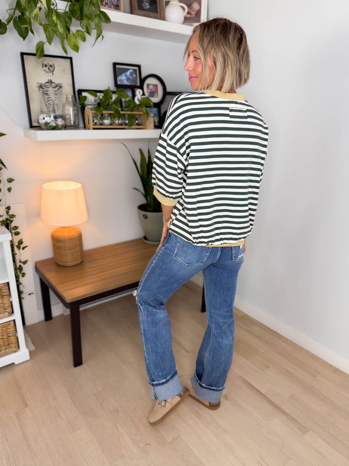 Bramble Colour Block Stripe Short Sleeve Pullover- HUNTER GREEN