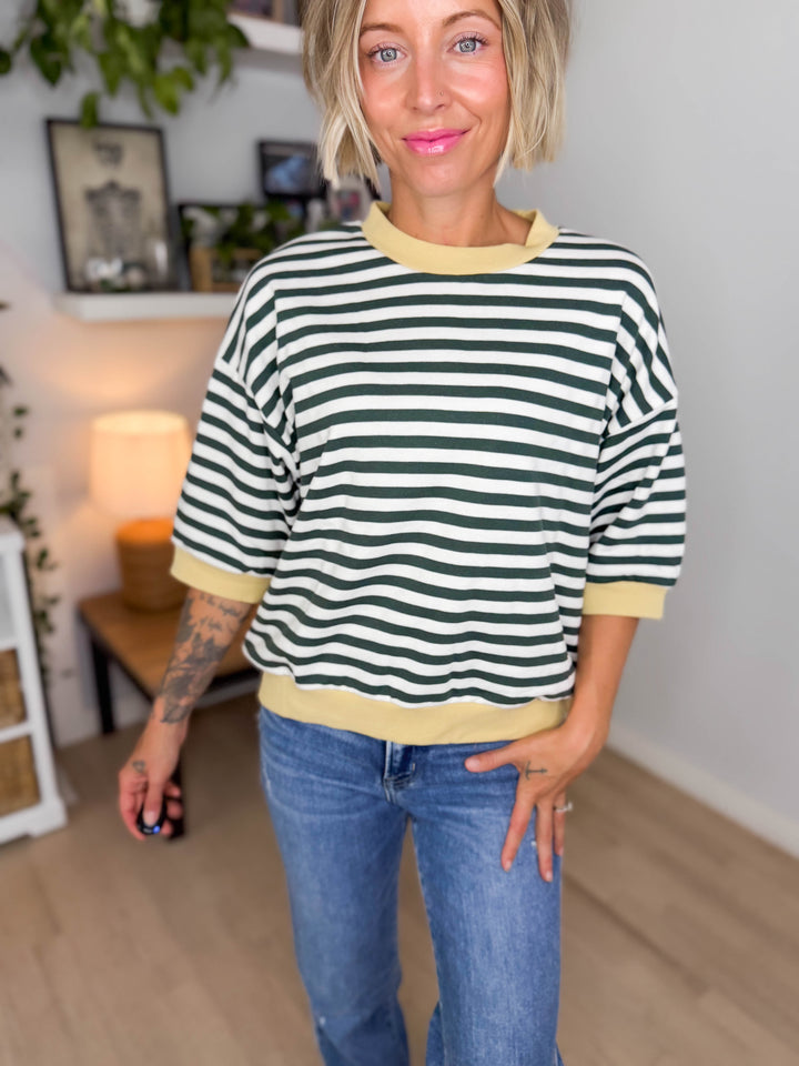 Bramble Colour Block Stripe Short Sleeve Pullover- HUNTER GREEN
