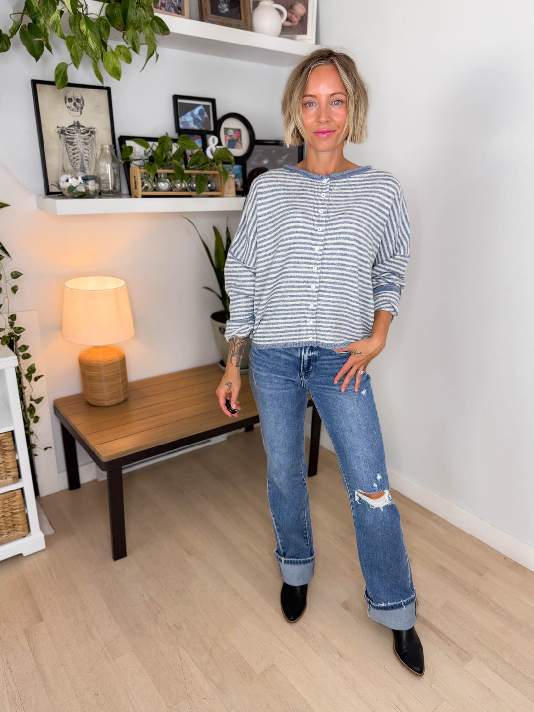 Acorn Raw Edge Button Down Cardigan- DUSTY BLUE