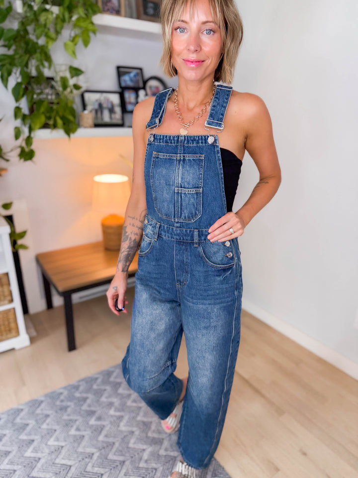 Fiona Denim Barrel Overalls- DARK WASH-FINAL SALE *L*