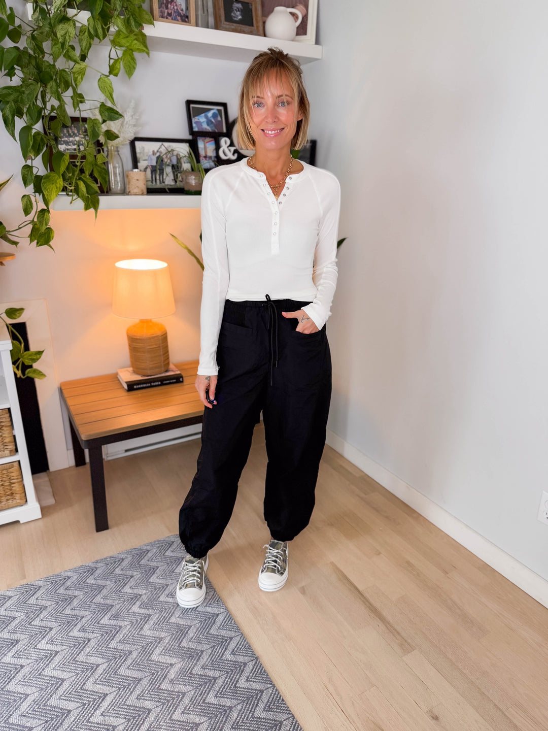 Mono B Breeze Micro Ribbed Henley Top- BASIC WHITE-FINAL SALE