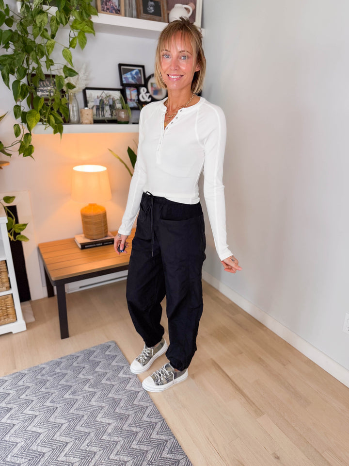 Mono B Breeze Micro Ribbed Henley Top- BASIC WHITE-FINAL SALE
