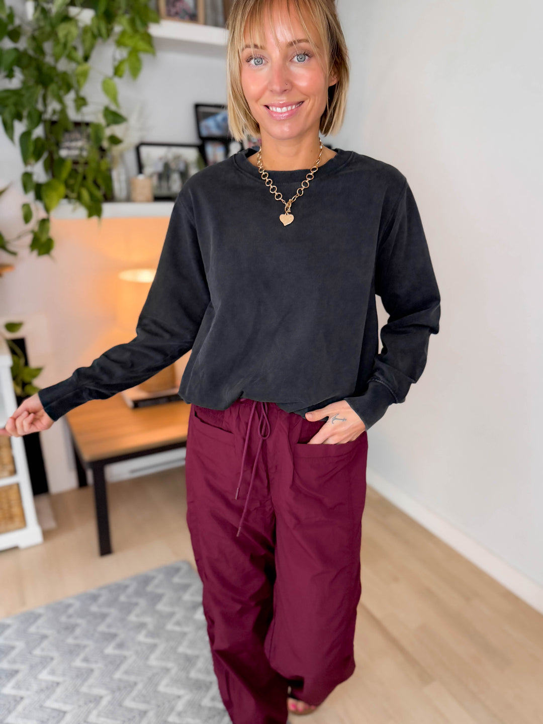 Mono B Quinn Mineral Cloud Bubble Hem Pullover- BLACK-FINAL SALE