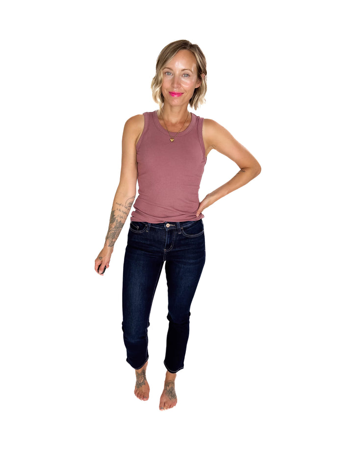 VERVET Roxy Mid/High Rise Ankle Slim Straight Leg- DARK WASH