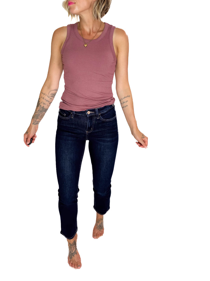 VERVET Roxy Mid/High Rise Ankle Slim Straight Leg- DARK WASH