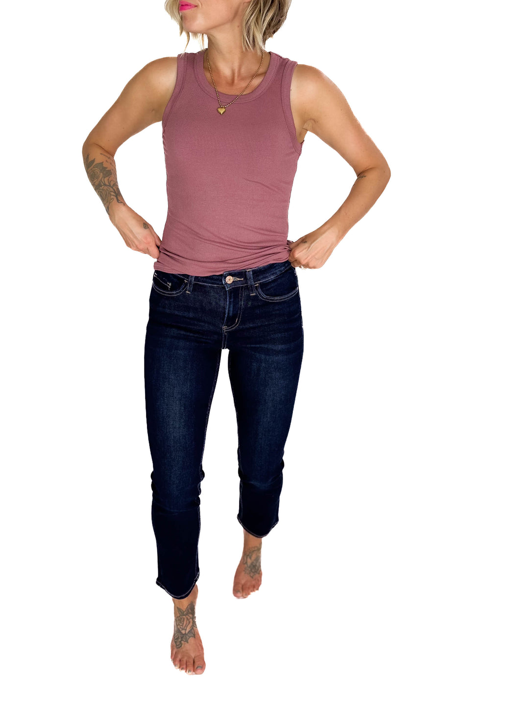 VERVET Roxy Mid/High Rise Ankle Slim Straight Leg- DARK WASH