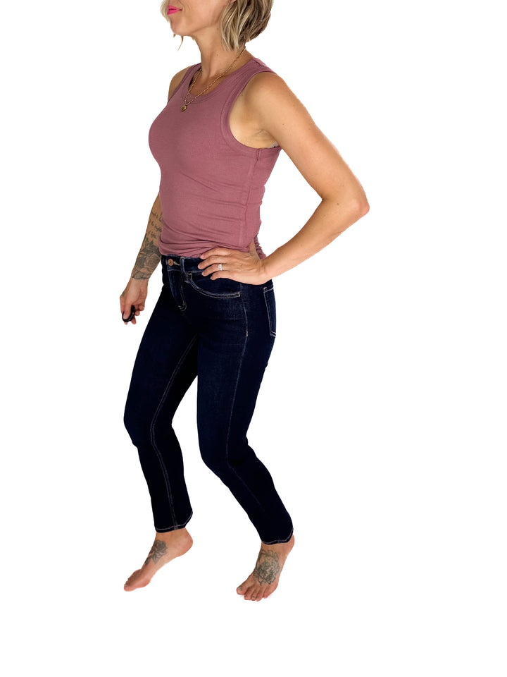 VERVET Roxy Mid/High Rise Ankle Slim Straight Leg- DARK WASH