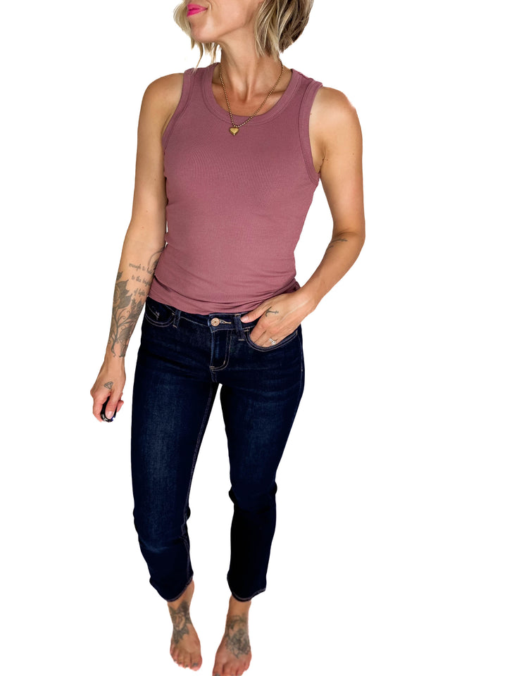 VERVET Roxy Mid/High Rise Ankle Slim Straight Leg- DARK WASH