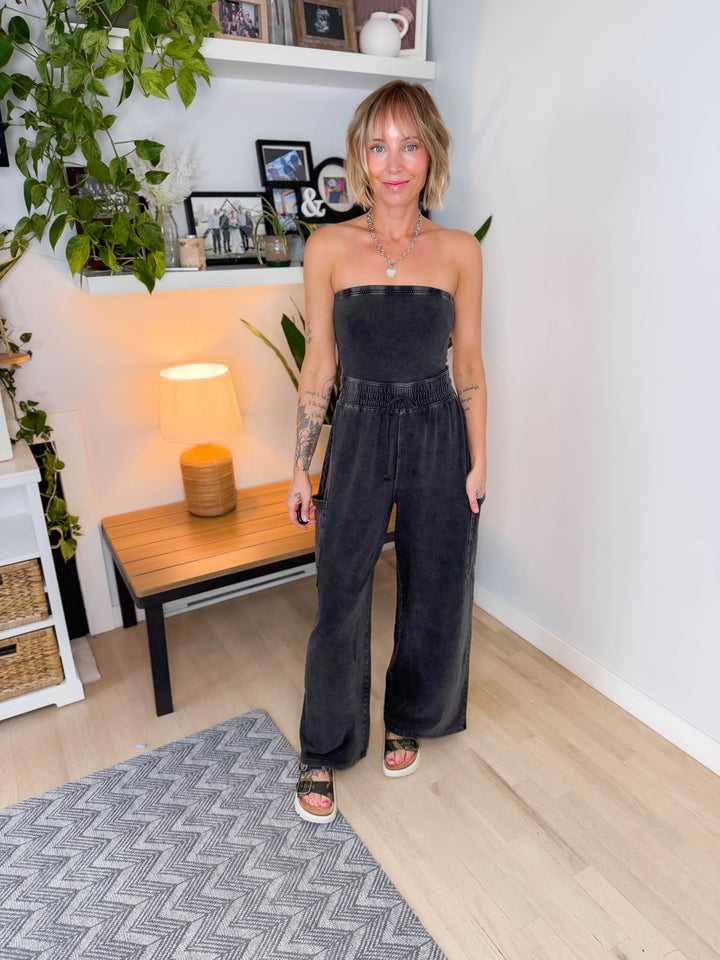 Whitney Strapless Cargo Jumpsuit- BLACK
