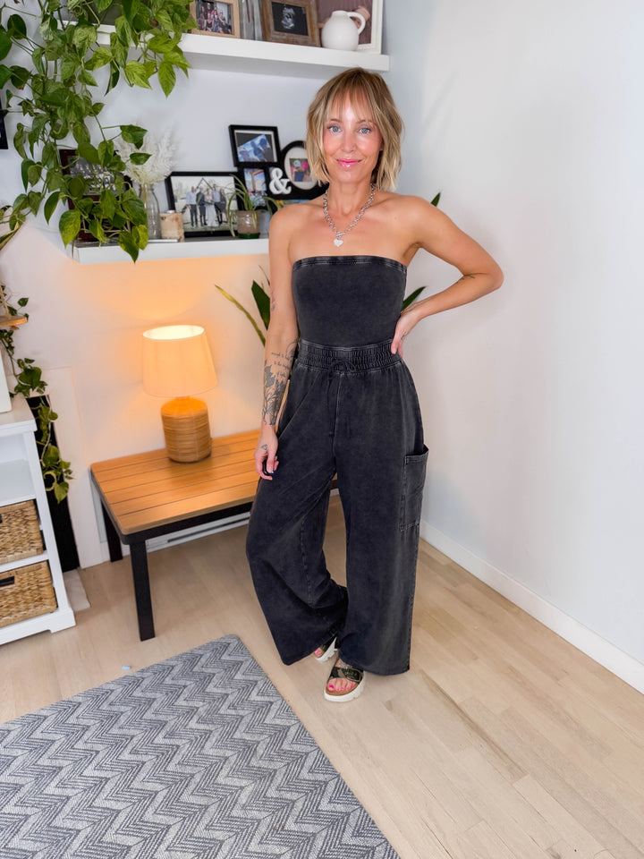Whitney Strapless Cargo Jumpsuit- BLACK