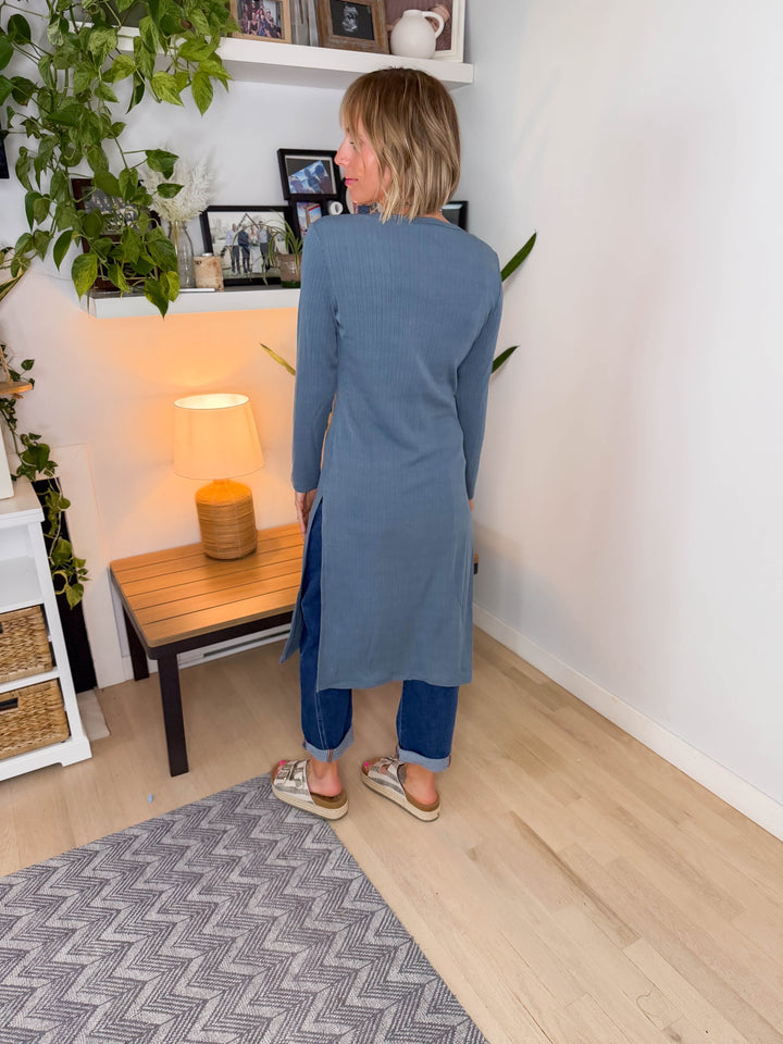 Tina Ribbed Button Cardigan- STEEL BLUE
