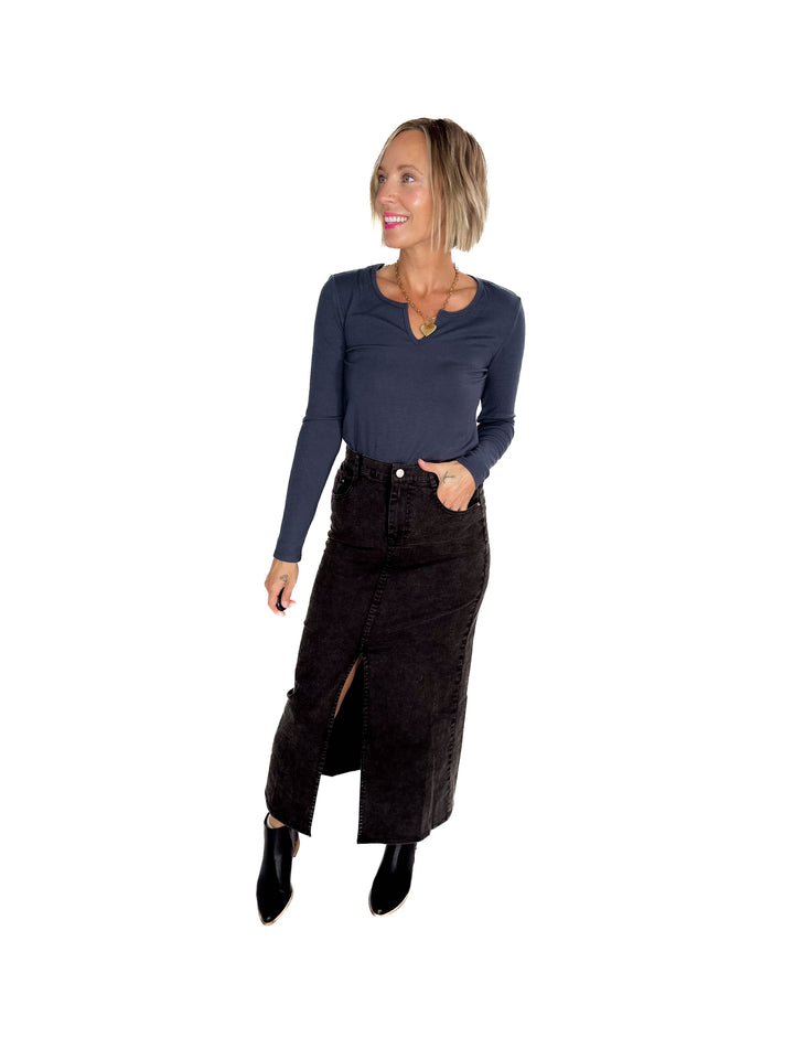 Matilda Elastic Waist Twill  Maxi Skirt- BLACK-FINAL SALE