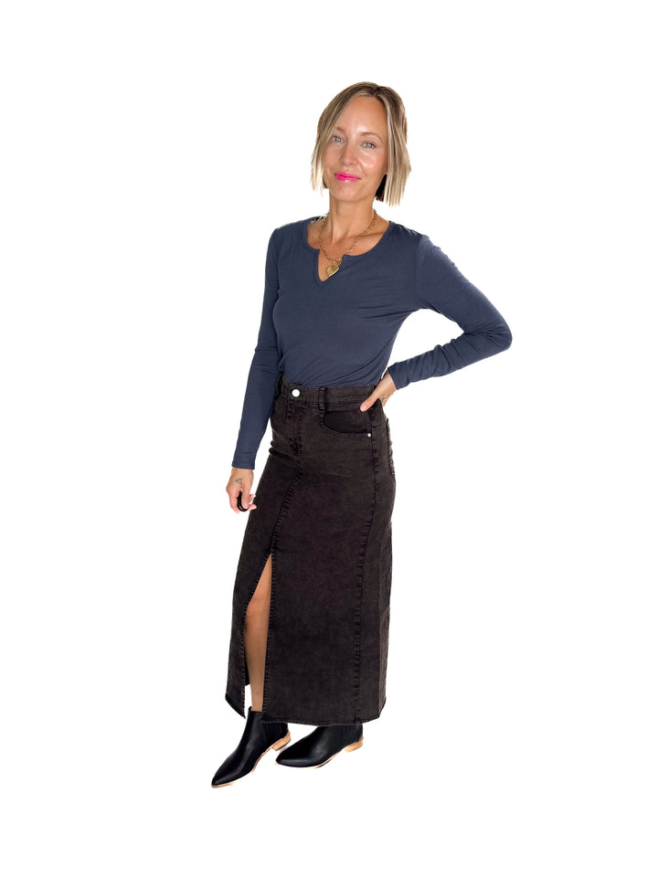 Matilda Elastic Waist Twill  Maxi Skirt- BLACK-FINAL SALE