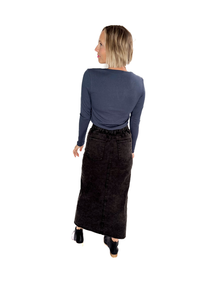 Matilda Elastic Waist Twill  Maxi Skirt- BLACK-FINAL SALE