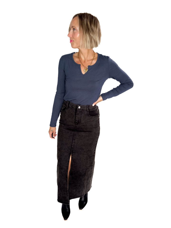 Matilda Elastic Waist Twill  Maxi Skirt- BLACK-FINAL SALE