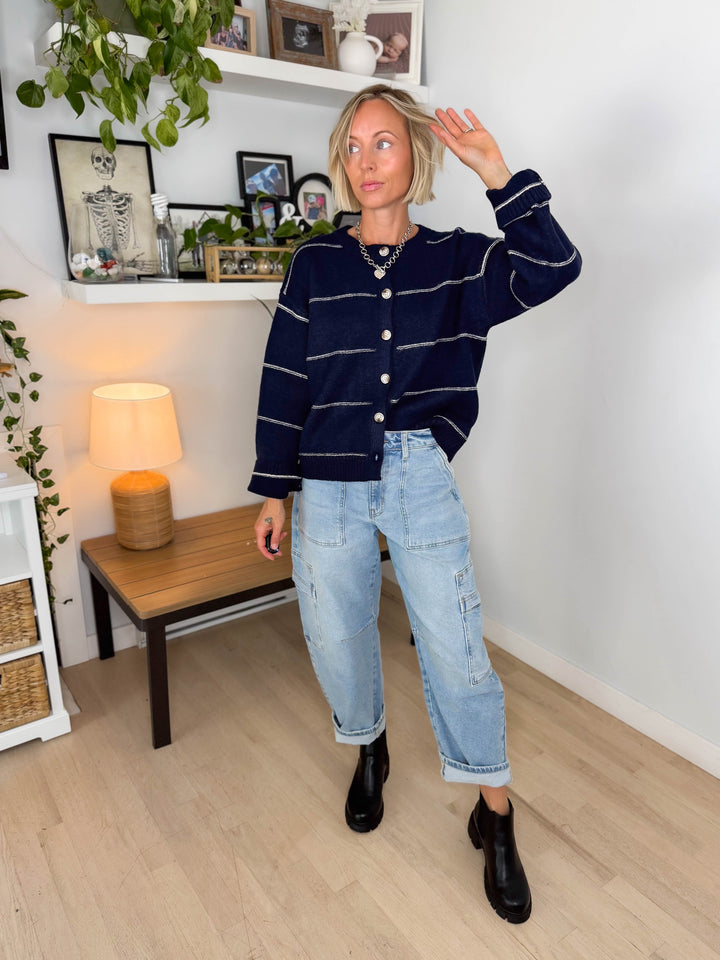 Copper Button Down Cardigan- NAVY MULTI-FINAL SALE