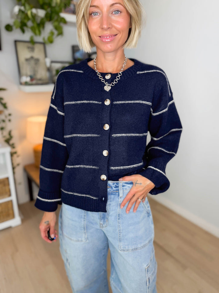 Copper Button Down Cardigan- NAVY MULTI-FINAL SALE