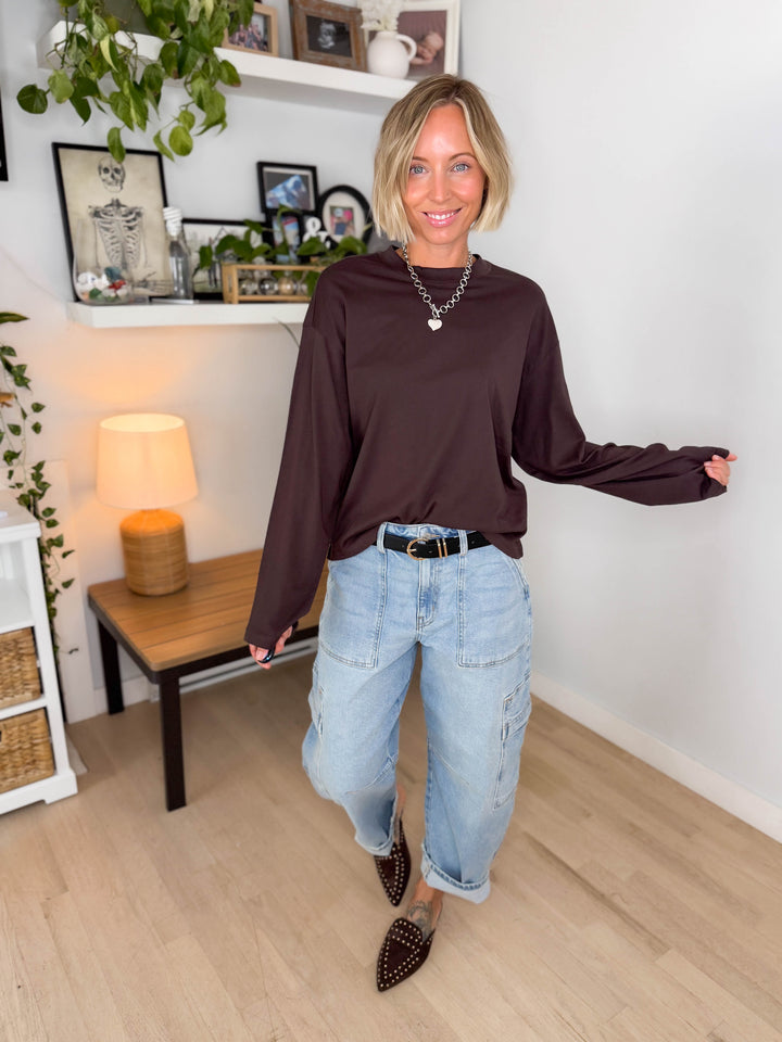 Only Happy Organic Cotton Long Sleeve Tee- COFFEE BEAN-FINAL SALE