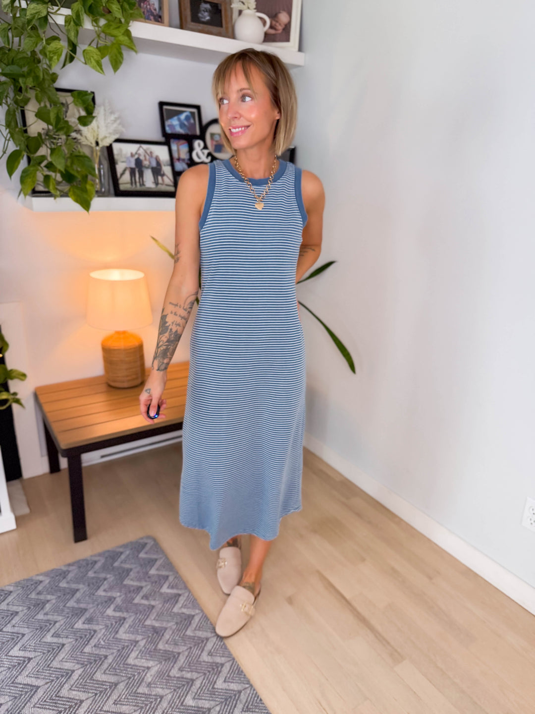 Florence Stripe Tank Knit Midi Dress- DENIM