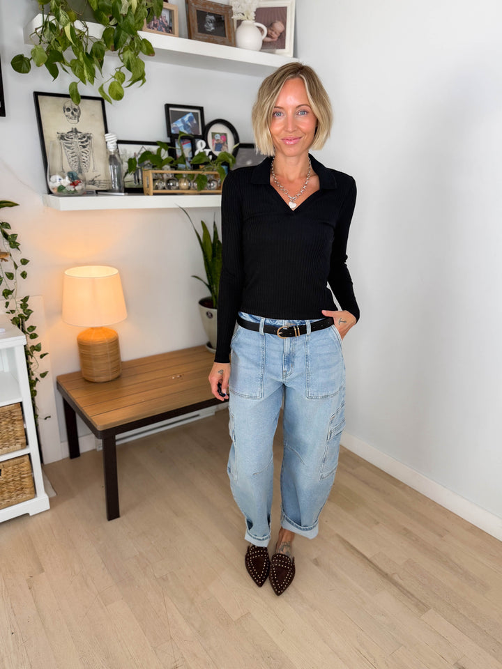 Only Daisy Long Sleeve Collar Top- BLACK-FINAL SALE