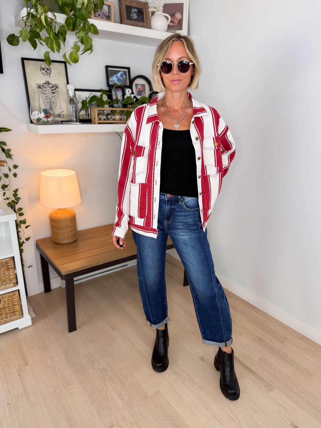 Jessie Vintage Striped Denim Jacket- RED