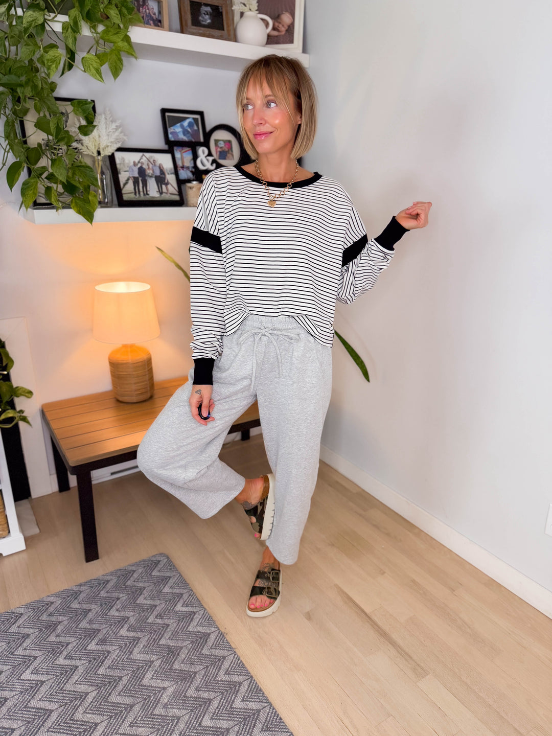 Breely Open Back Long Sleeve- BLACK STRIPE
