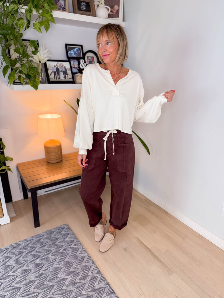 Daphne Split Neck Long Sleeve Cropped Knit Top- OATMEAL