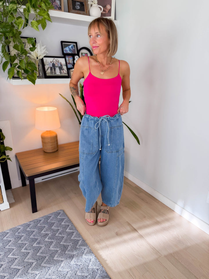 Deana Drawstring Barrel Pants- LIGHT DENIM-FINAL SALE