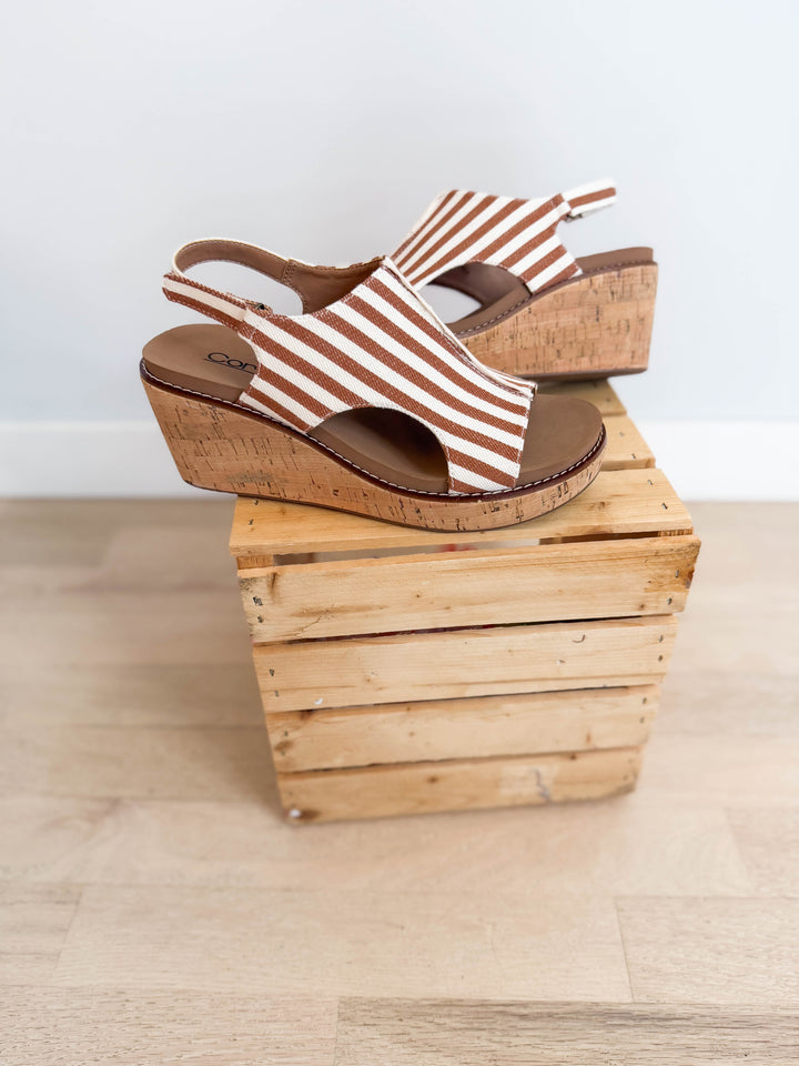 Corkys Miss Carley Comfort Wedge Sandal- TAN WHITE-FINAL SALE
