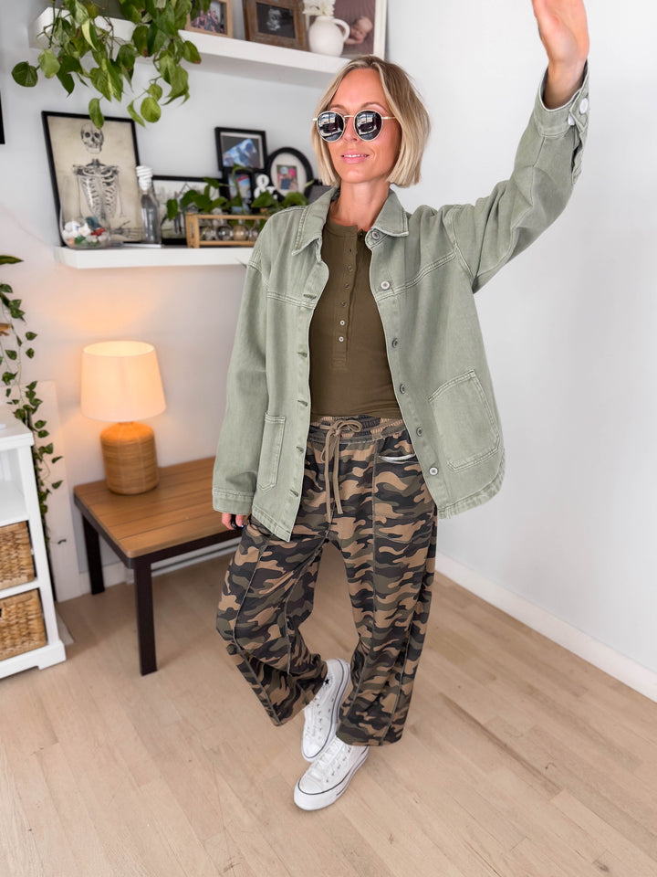 Grace Denim Button Up Jacket- OLIVE-FINAL SALE