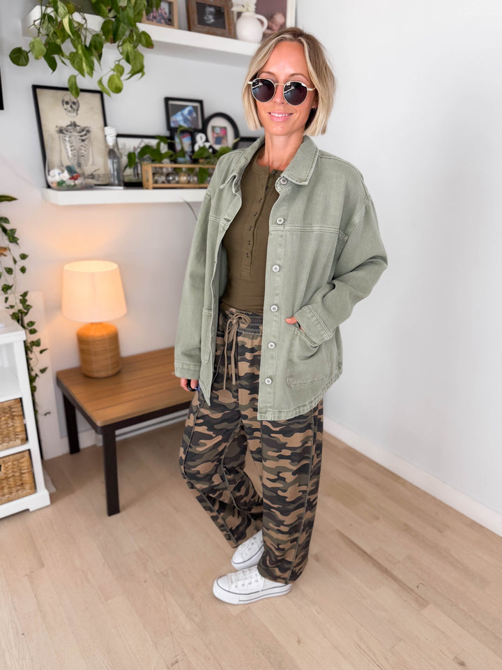 Grace Denim Button Up Jacket- OLIVE-FINAL SALE
