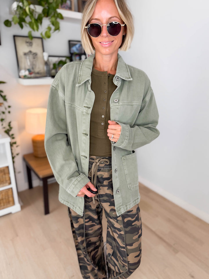 Grace Denim Button Up Jacket- OLIVE-FINAL SALE